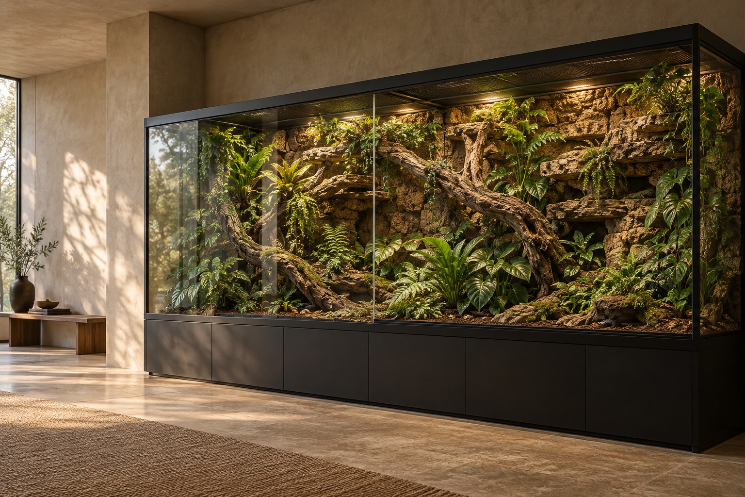 Concept rendering of an extra-large rainforest enclosure in a contemporary interior